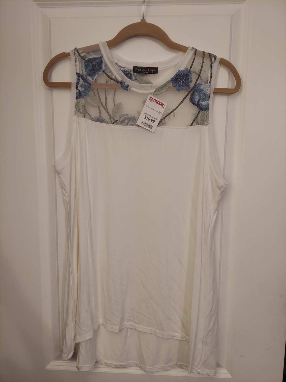 Kim & Cami White Tank Top with Blue Floral Mesh Yoke